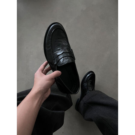 老钱风极简黑水洗复古乐福鞋男士高级感真皮褶皱舒适通勤休闲皮鞋