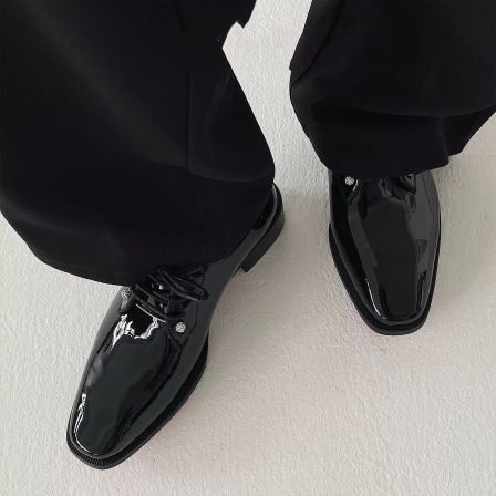 红底高跟婚鞋尖头德比男鞋漆皮黑色厚底亮面系带英伦正装商务皮鞋