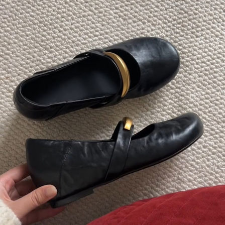 羊皮版~法式复古风金属扣一字带玛丽珍鞋女真皮内增高浅口单鞋子