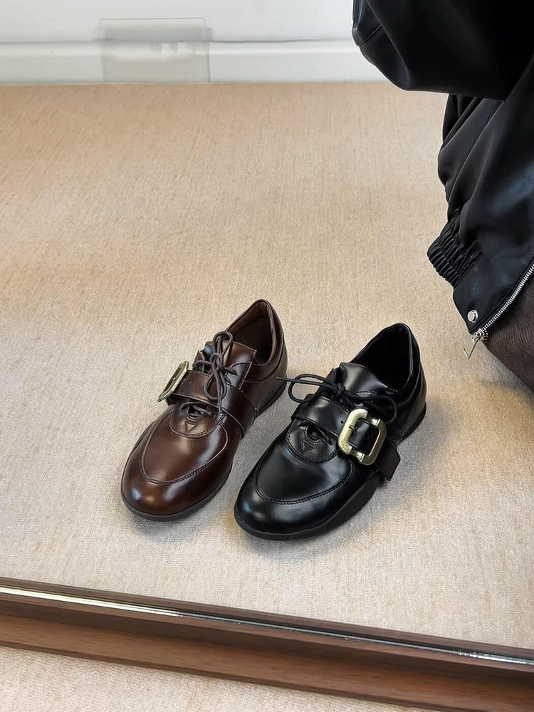 羊皮版~复古英伦风德训鞋女系带皮带扣真皮百搭舒适运动风单鞋主图