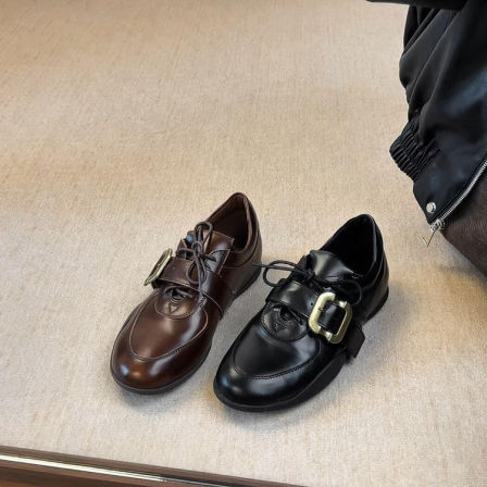 羊皮版~复古英伦风德训鞋女系带皮带扣真皮百搭舒适运动风单鞋