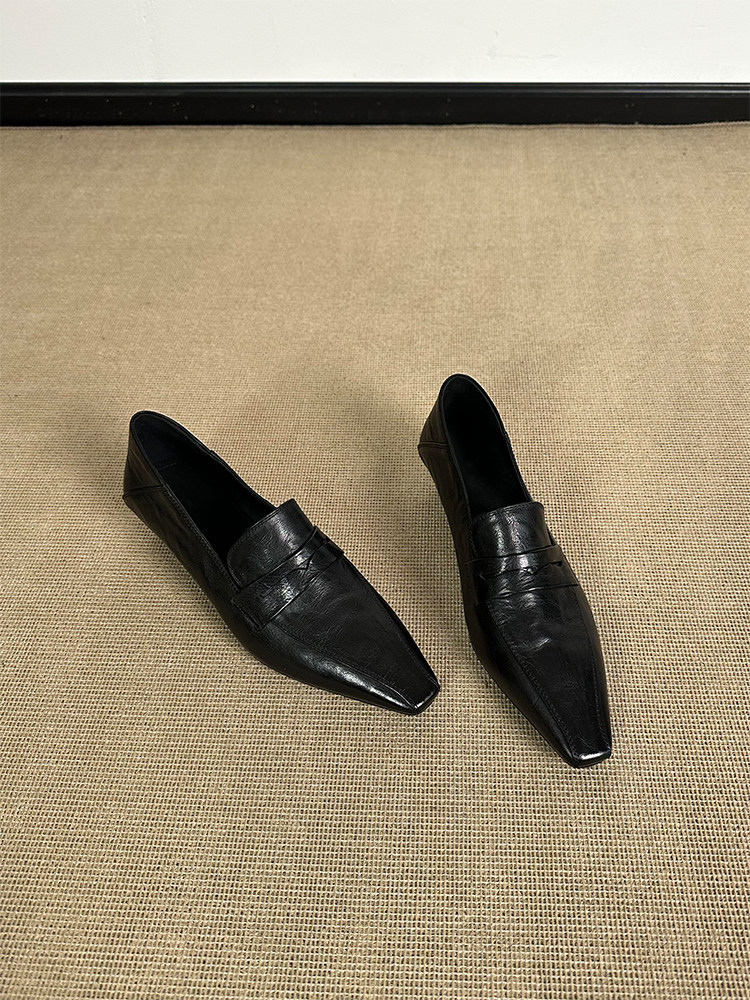 羊皮版~新款气质小方头简约小皮鞋女一脚蹬中跟个性帅气乐福鞋春主图