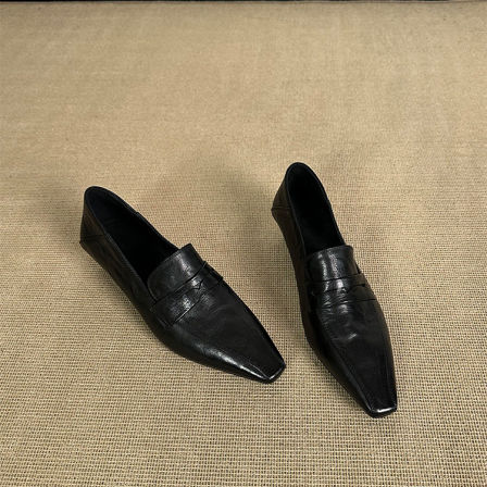 羊皮版~新款气质小方头简约小皮鞋女一脚蹬中跟个性帅气乐福鞋春