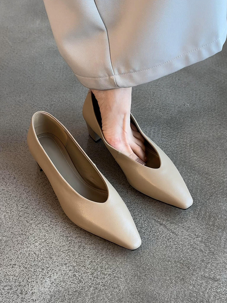羊皮版~优雅通勤工作鞋女新款简约百搭一脚蹬真皮气质时尚高跟鞋主图