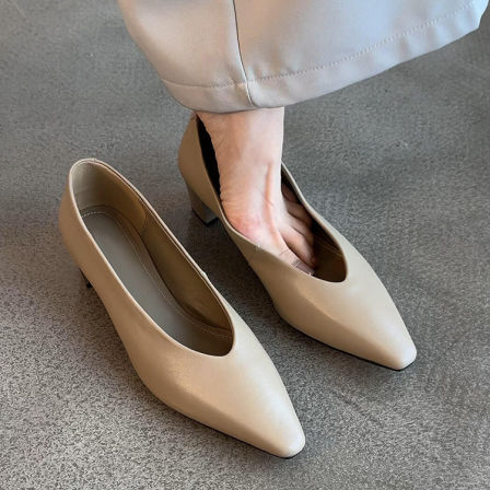 羊皮版~优雅通勤工作鞋女新款简约百搭一脚蹬真皮气质时尚高跟鞋