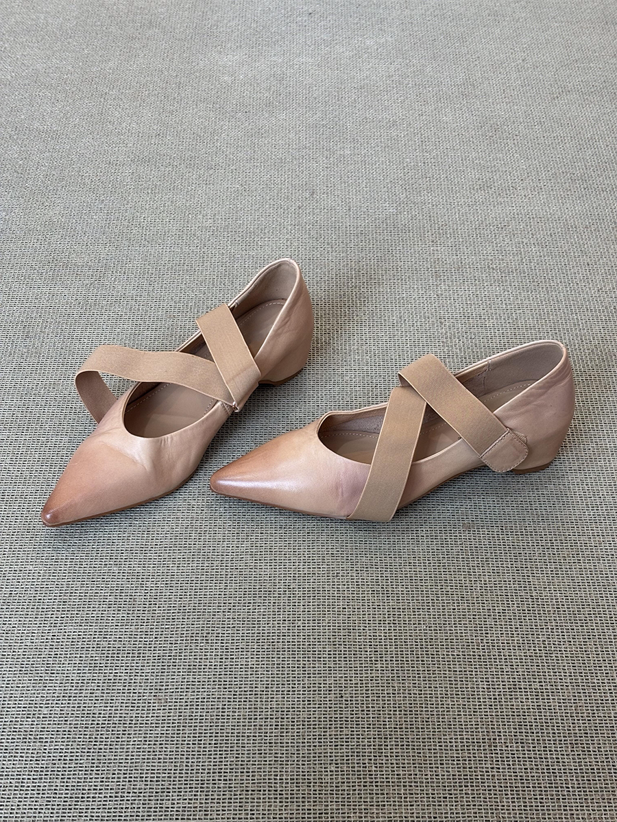 羊皮版~尖头浅口玛丽珍鞋交叉带优雅法式内增高小个子女款小皮鞋主图