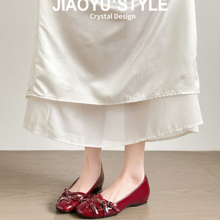 真皮~骄屿红色芭蕾玛丽珍鞋女2026春新款交叉方头蝴蝶结浅口单鞋