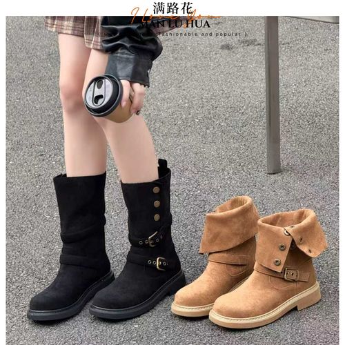 新款马丁靴女款厚底增高中筒两穿短筒复古机车靴堆堆靴西部靴圆头主图