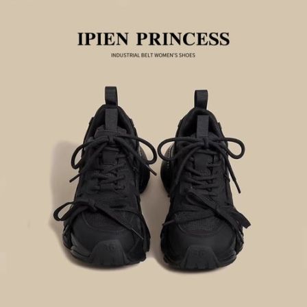 休闲鞋小个子松糕底运动鞋2026秋季新款百搭增高黑色厚底老爹鞋女