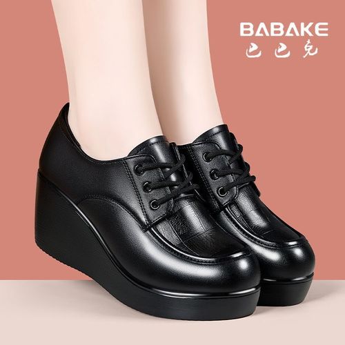 厚底短靴女深口单鞋2026粗跟圆头坡跟鞋系带妈妈鞋软底舒适高跟鞋主图