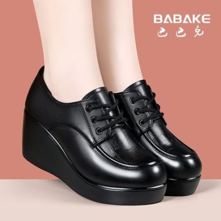 厚底短靴女深口单鞋2026粗跟圆头坡跟鞋系带妈妈鞋软底舒适高跟鞋