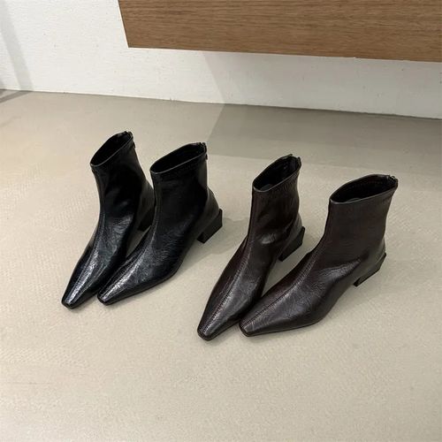 复古小方头粗跟后拉链瘦瘦靴女小短靴2025秋冬新款简约百搭马丁靴主图