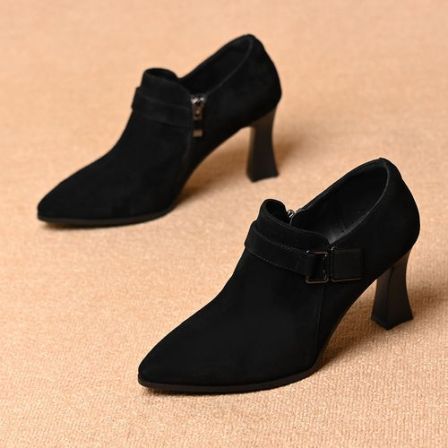 真皮羊皮尖头侧拉链粗跟深口单鞋女春秋新款百搭磨砂高跟通勤单鞋