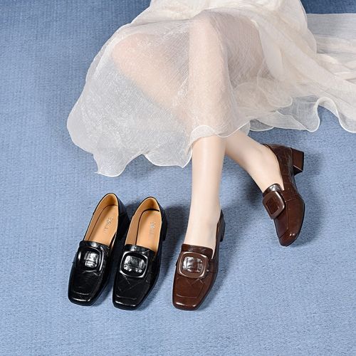 法式气质复古乐福小皮鞋英伦风粗跟低跟一脚蹬舒适深口方扣单鞋女主图