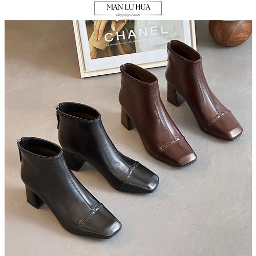 头层羊皮短靴女方头粗跟高跟软底冬季加绒2025新款时尚气质靴子主图