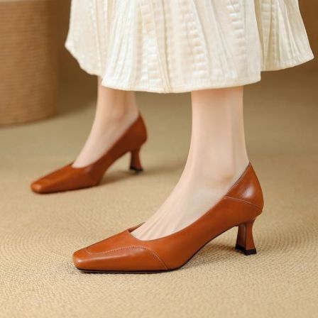 5.5cm法式复古风方头浅口单鞋女2026新款粗跟高跟鞋一脚蹬气质鞋