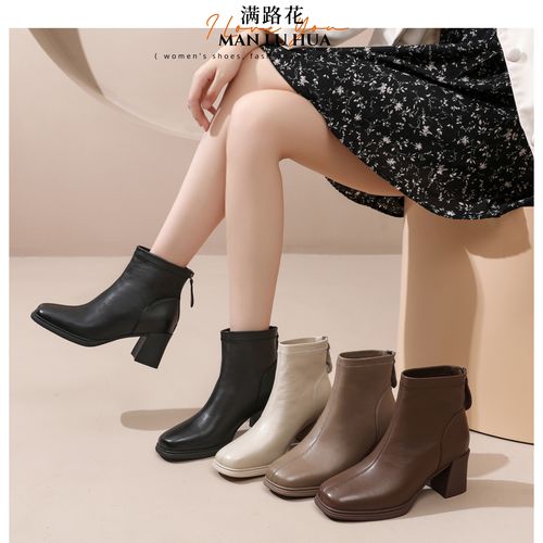 头层羊皮短靴女高跟粗跟方头瘦瘦靴加绒冬季显脚小百搭气质时尚主图