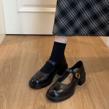 羊皮版~粗跟圆头玛丽鞋女粗跟5cm单鞋软底一字扣浅口单鞋厚底单鞋