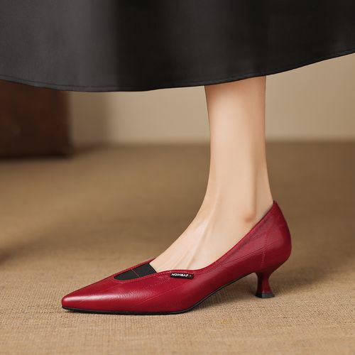 4.5cm真皮尖头细跟单鞋女2026年新款酒红色浅口高跟鞋百搭通勤鞋主图