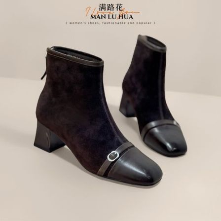 头层羊皮短靴女真皮方头粗跟中跟气质不累脚冬季加绒软底舒适时装