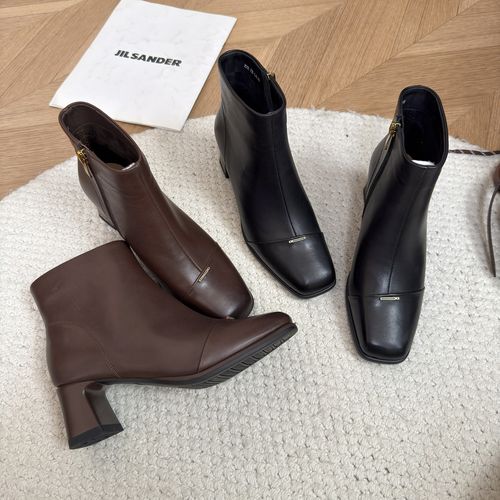 头层羊皮短靴女时装靴短筒方头粗跟高跟软底软皮主图