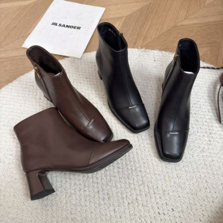 头层羊皮短靴女时装靴短筒方头粗跟高跟软底软皮