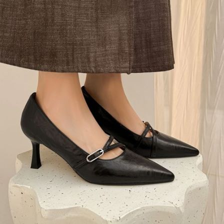 6.5cm法式复古气质浅口单鞋女2026新款尖头细跟高跟鞋皮带扣女鞋
