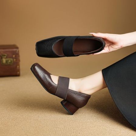 跟高4cm 复古百搭粗跟浅口单鞋春秋法式气质简约时尚方头玛丽珍鞋