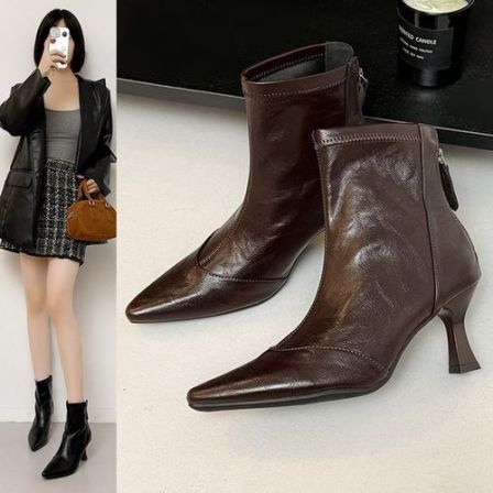 法式尖头细跟短靴女秋冬季新款小众轻奢简约百搭后拉链瘦瘦靴裸靴