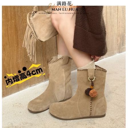 【NO退NO换】内增高4cm西部靴女款牛仔靴大筒围短靴圆头堆堆靴