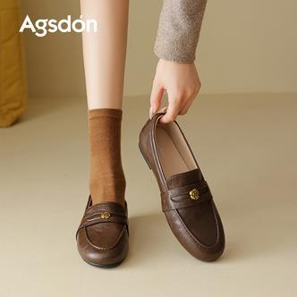 奥古狮登棕色乐福鞋女2025夏季新款粗跟英伦鞋软底百搭通勤单鞋xx