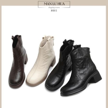 头层牛皮短靴女款拉链圆头中跟粗跟厚底软底短筒靴子秋冬真皮百搭