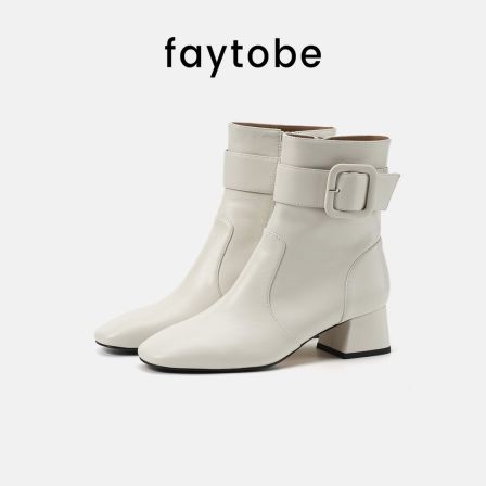 faytobe时尚方扣圆头踝靴胎牛皮秋冬新款方根百搭简约短靴