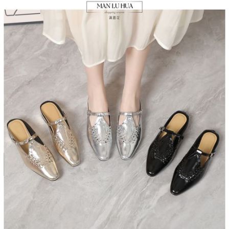 【NO退NO换】真皮牛皮尖头包头半拖鞋女外穿拖鞋法式编制镂空3366-1