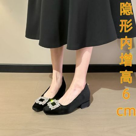小个子内增高6cm粗跟方头水钻单鞋女通勤气质玛丽珍晚晚浅口鞋子