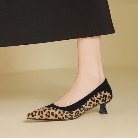 4.5cm时尚豹纹尖头浅口单鞋女细跟高跟鞋一脚蹬气质百搭显瘦女鞋