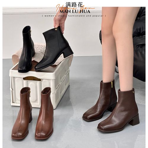头层羊皮短靴女粗跟靴保暖防滑中跟真皮短筒百搭方头冬季加绒软底主图