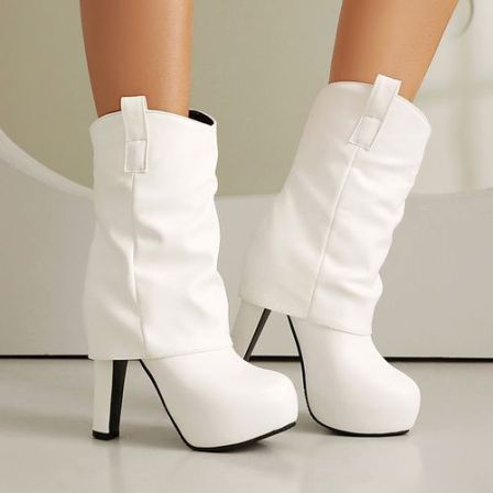 欧美外贸性感皮靴高跟短靴女白色红色靴子婚鞋表舞台表演大码 YSH