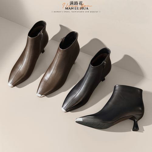 头层羊皮短靴女尖头细跟中跟软底时尚裸靴加绒冬季真皮气质百搭主图