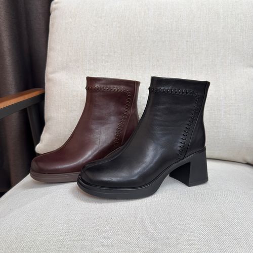 头层羊皮短靴女高跟粗跟软底方头冬季女靴时装靴主图