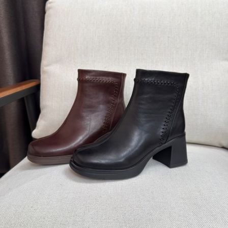 头层羊皮短靴女高跟粗跟软底方头冬季女靴时装靴