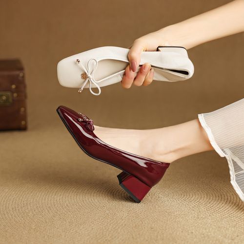 跟高4cm 法式优雅气质百搭粗跟浅口单鞋春季简约风时尚蝴蝶结单鞋主图