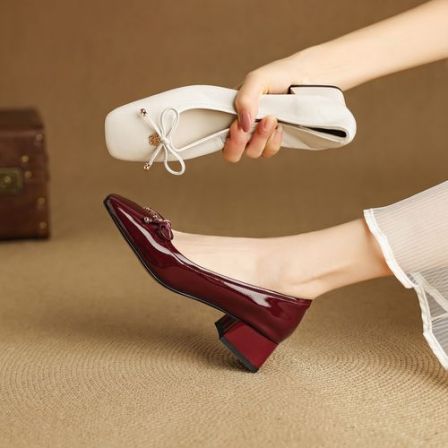 跟高4cm 法式优雅气质百搭粗跟浅口单鞋春季简约风时尚蝴蝶结单鞋