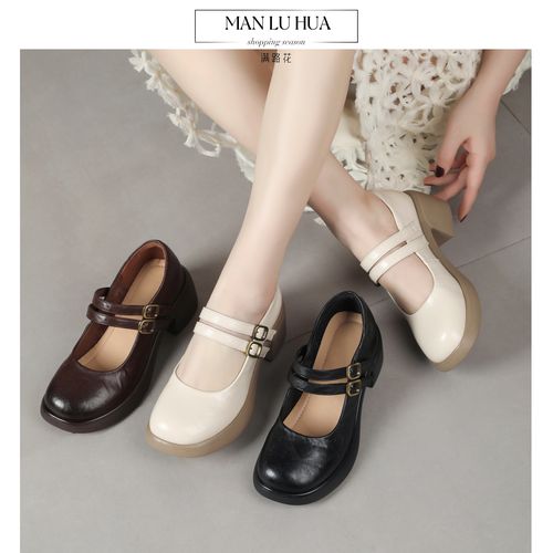 【NO退NO换】浅口单鞋女真皮圆头玛丽珍鞋粗跟中跟厚底软底轻底5288主图
