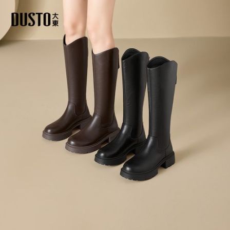 大东靴子女时尚长筒靴2025秋冬加绒简约百搭显瘦粗跟时装靴002247