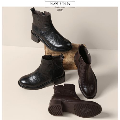 头层羊皮短靴女真皮圆头粗跟加绒软底切尔西冬季复古2025新款爆款主图