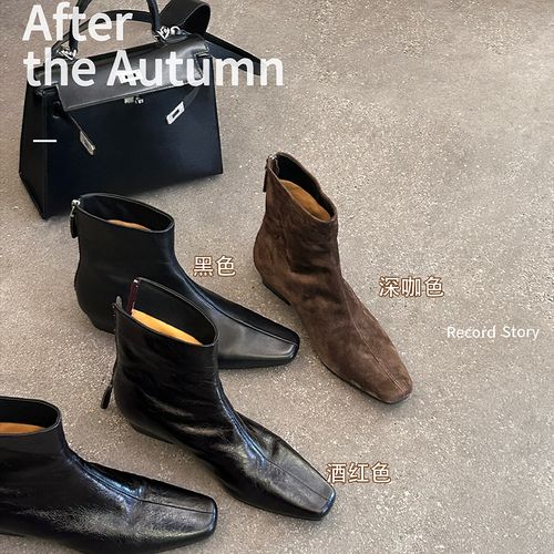 2025新款方头短靴女版切尔西靴真皮裸靴秋冬加绒保暖瘦瘦靴子0363主图