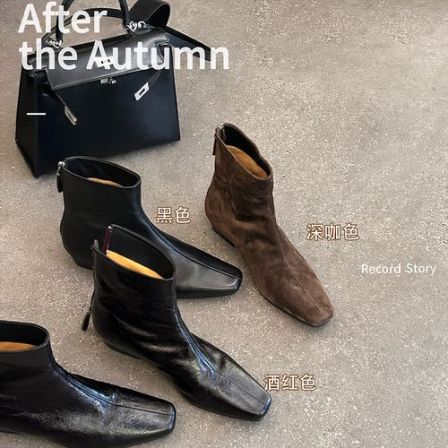 2025新款方头短靴女版切尔西靴真皮裸靴秋冬加绒保暖瘦瘦靴子0363