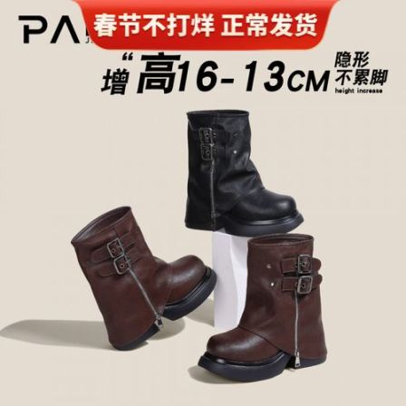 隐形增高16-13CM2025年冬季新款时尚厚底长靴女皮带扣真皮裤管靴