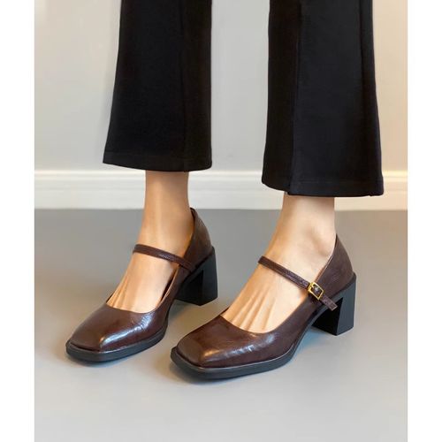 不累脚~真皮粗跟玛丽珍鞋女2025新款春季复古方头浅口单鞋高跟鞋主图